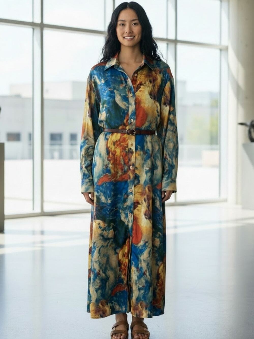 Nova Luxe Multicolor Maxi Dress Size Large Long Sleeve Button Up
